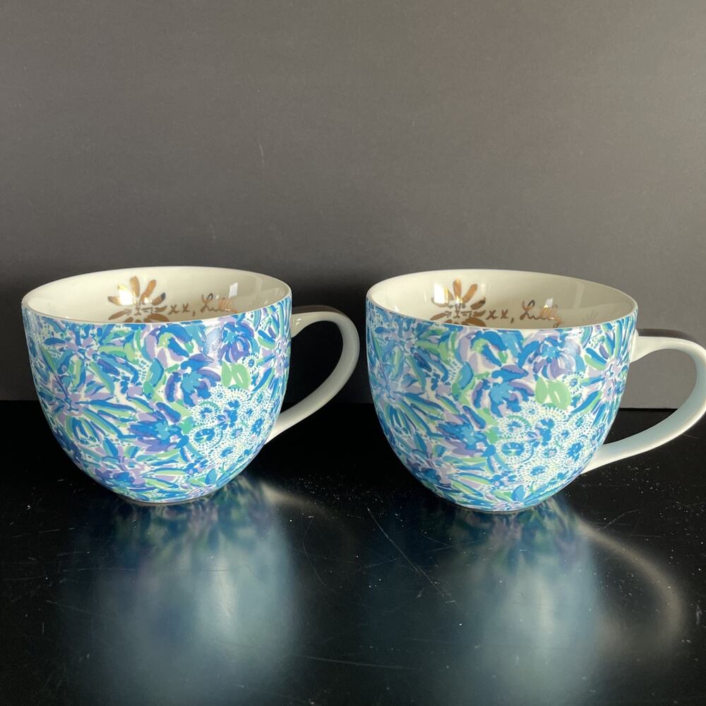 Lilly Pulitzer Hidden Cats 12 oz Coffee Mugs “Lion High Maintenance” Set of 2